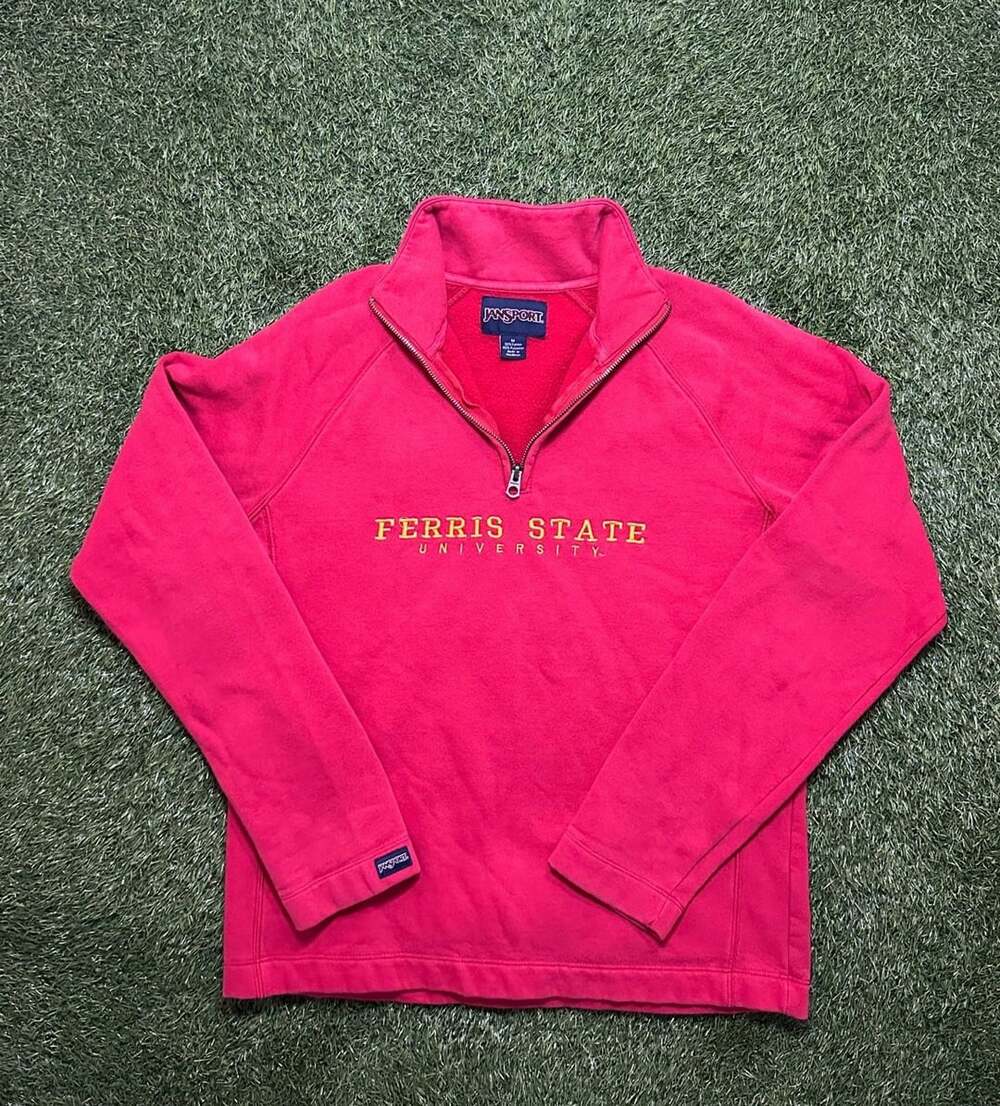 Y2K JanSport Ferris State University 1/4 Zip Pullover Sweatshirt Red Medium